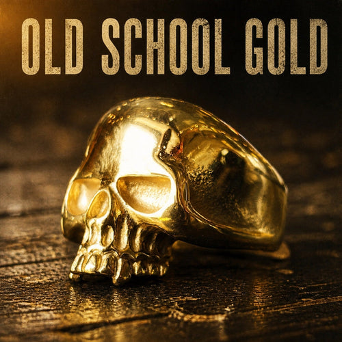 Keith Richards inspired Old School gold tone skull ring, gold plated 316L stainless steel mens rocker ring
