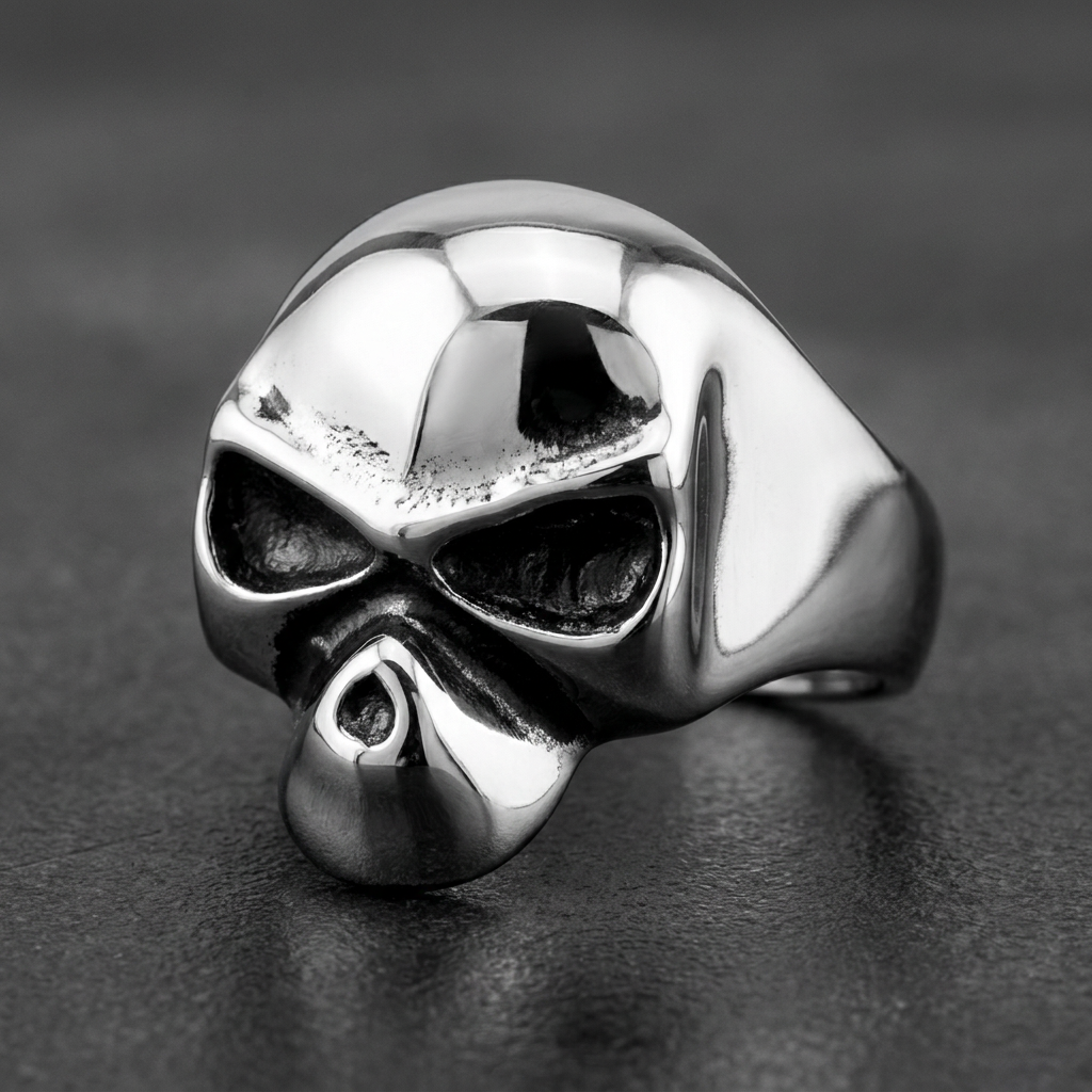 'Close Enough To Perfect' Stainless Steel Skull Ring, 316L stainless steel mens skull ring for bikers