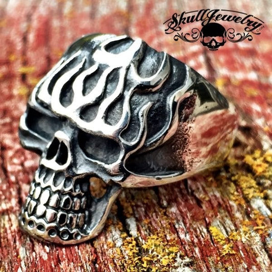 Play'n With Fire - Stainless Steel Skull Ring With Flames On Forehead
