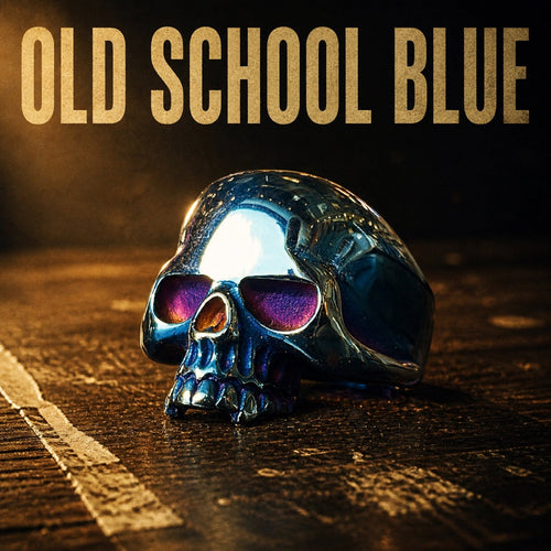 Keith Richards inspired Old School blue tone skull ring, blue plated stainless steel mens biker jewelry