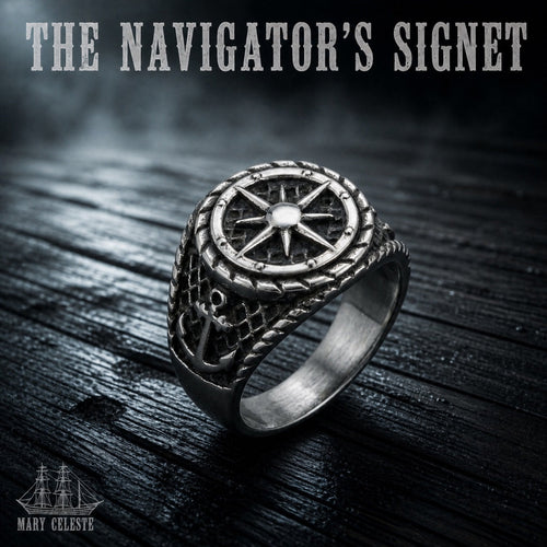 The Navigator's Signet ring with ship's wheel and compass rose, 316L stainless steel nautical jewelry, Mary Celeste collection