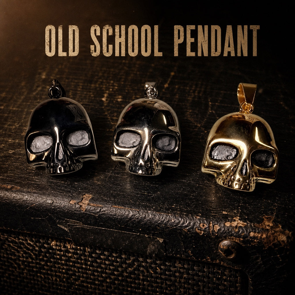 Keith Richards inspired Old School skull pendant necklace in stainless steel, mens rock and roll pendant