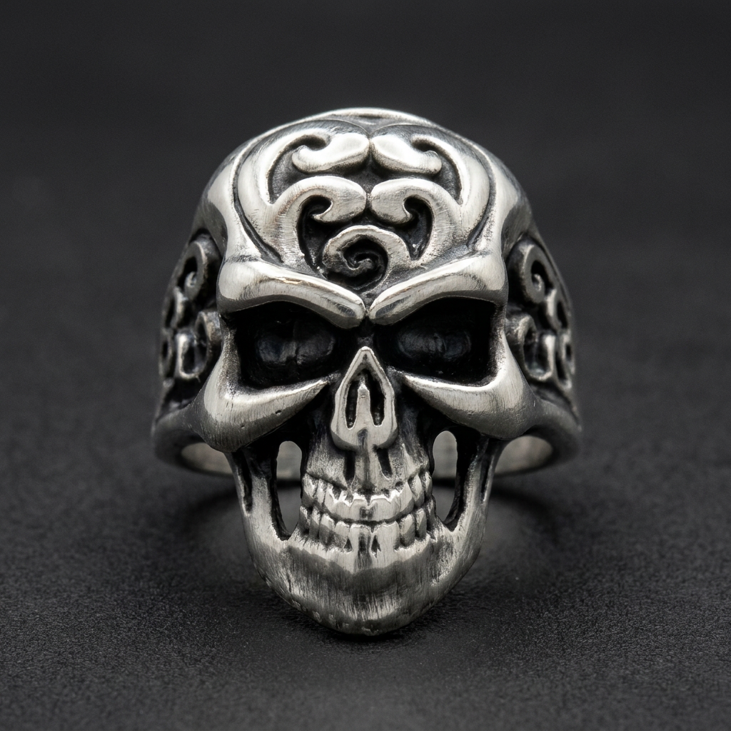 Death’s Head Skull Ring alternate view, 316L stainless steel mens skull ring for bikers