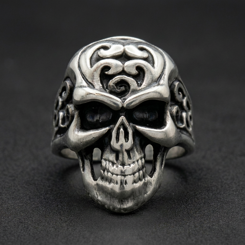 Death’s Head Skull Ring, 316L stainless steel mens skull ring for bikers