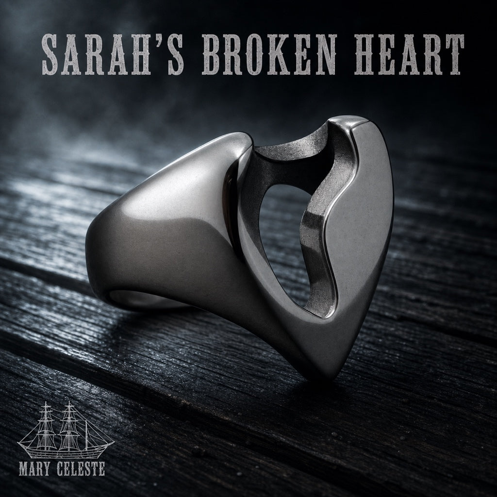 Sarah's Broken Heart mourning ring, split heart in 316L stainless steel, Victorian memorial jewelry, Mary Celeste collection