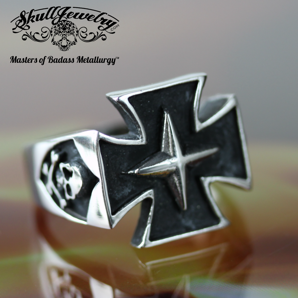 Stainless Steel Iron Cross Ring with Skull on sides (#078)