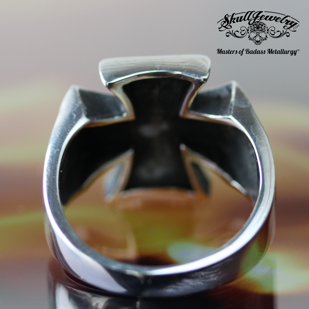 Stainless Steel Iron Cross Ring with Skull on sides (#078)