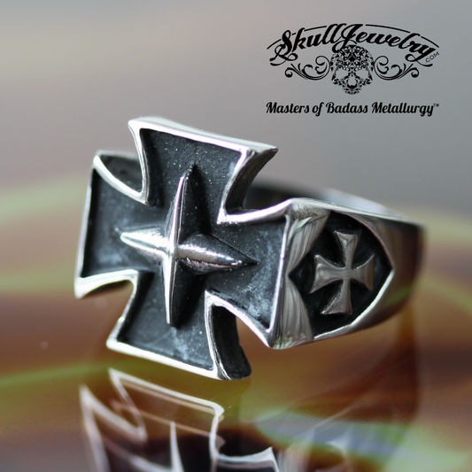 Stainless Steel Iron Cross Ring with Skull on sides (#078)