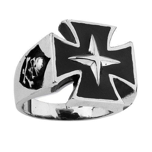 Stainless Steel Iron Cross Ring with Skull on sides (#078)