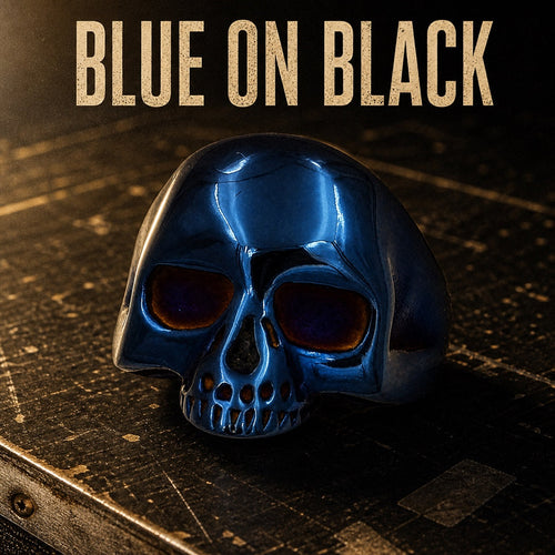 Blue on Black Old School skull ring, blue accent 316L stainless steel mens biker ring for blues rock fans