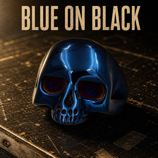 Blue on Black Old School skull ring, blue accent 316L stainless steel mens biker ring for blues rock fans