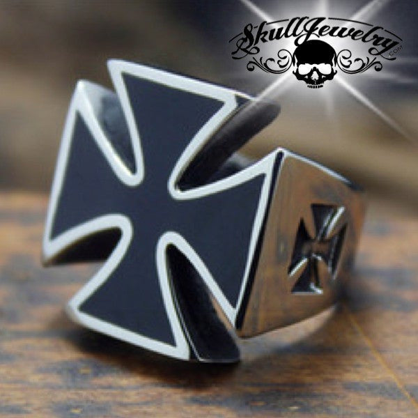 Stainless Steel Iron Cross Ring And Black Enamel