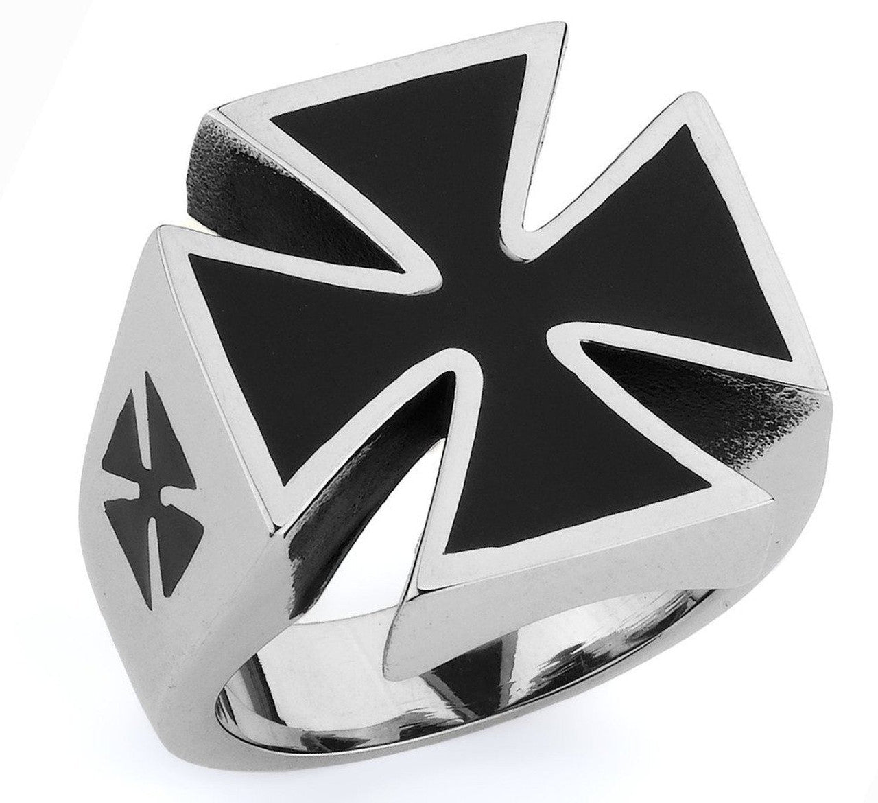 Stainless Steel Iron Cross Ring And Black Enamel