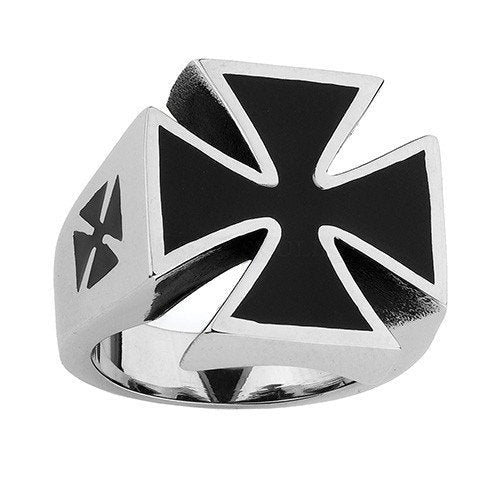 Stainless Steel Iron Cross Ring And Black Enamel