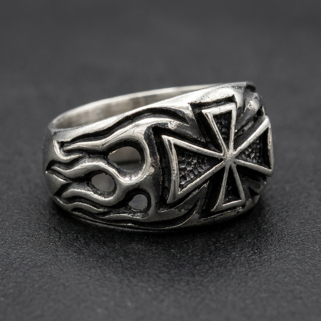 'Fire & Brimstone' Cross and Flames Ring, 316L stainless steel mens skull ring for bikers