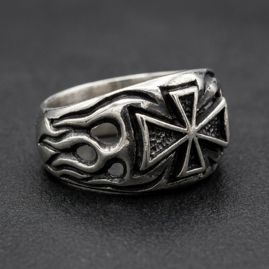 'Fire & Brimstone' Cross and Flames Ring, 316L stainless steel mens skull ring for bikers