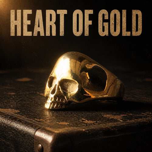 Heart of Gold gold tone Old School skull ring, gold plated stainless steel mens skull ring for classic rock fans