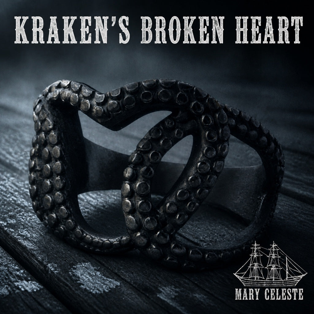 Kraken's Broken Heart tentacle ring, octopus and split heart in 316L stainless steel, Mary Celeste collection