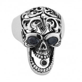 Stainless Steel Skull Ring With Fancy Cross Design On The Head & Black Stone In Eyes And Mouth (#101)