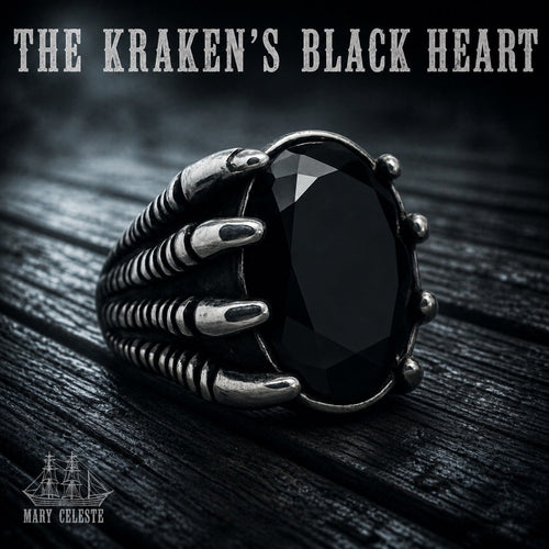 The Kraken's Black Heart deep-sea ring, black stone claw setting in 316L stainless steel, Mary Celeste collection
