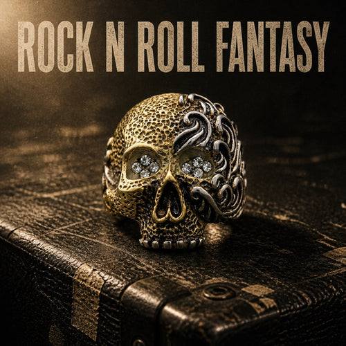 Rock N Roll Fantasy gold tone solid back skull ring, heavy gold plated stainless steel mens rocker ring