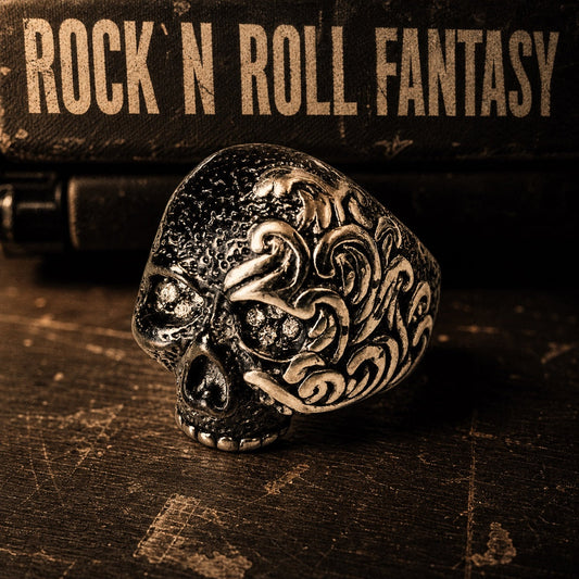 Rock N Roll Fantasy solid back skull ring, heavy 316L stainless steel mens rock and roll ring