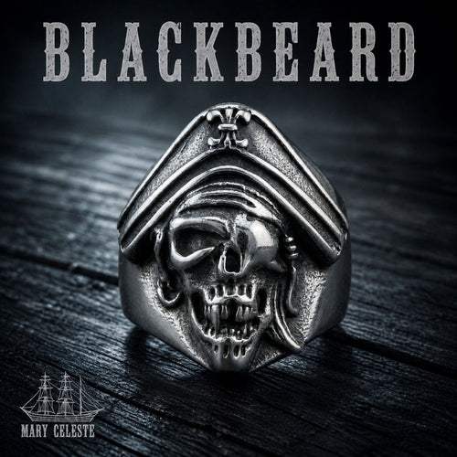 Blackbeard pirate skull ring in 316L stainless steel, mens gothic nautical biker jewelry