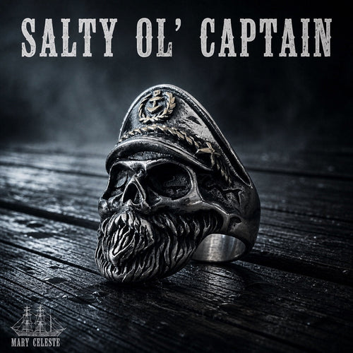 Salty ol' Captain skull ring with sea captain's cap and beard, 316L stainless steel mens nautical jewelry