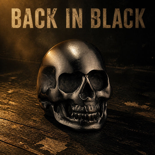 Back in Black matte black skull ring, blackened 316L stainless steel mens biker ring for hard rock fans
