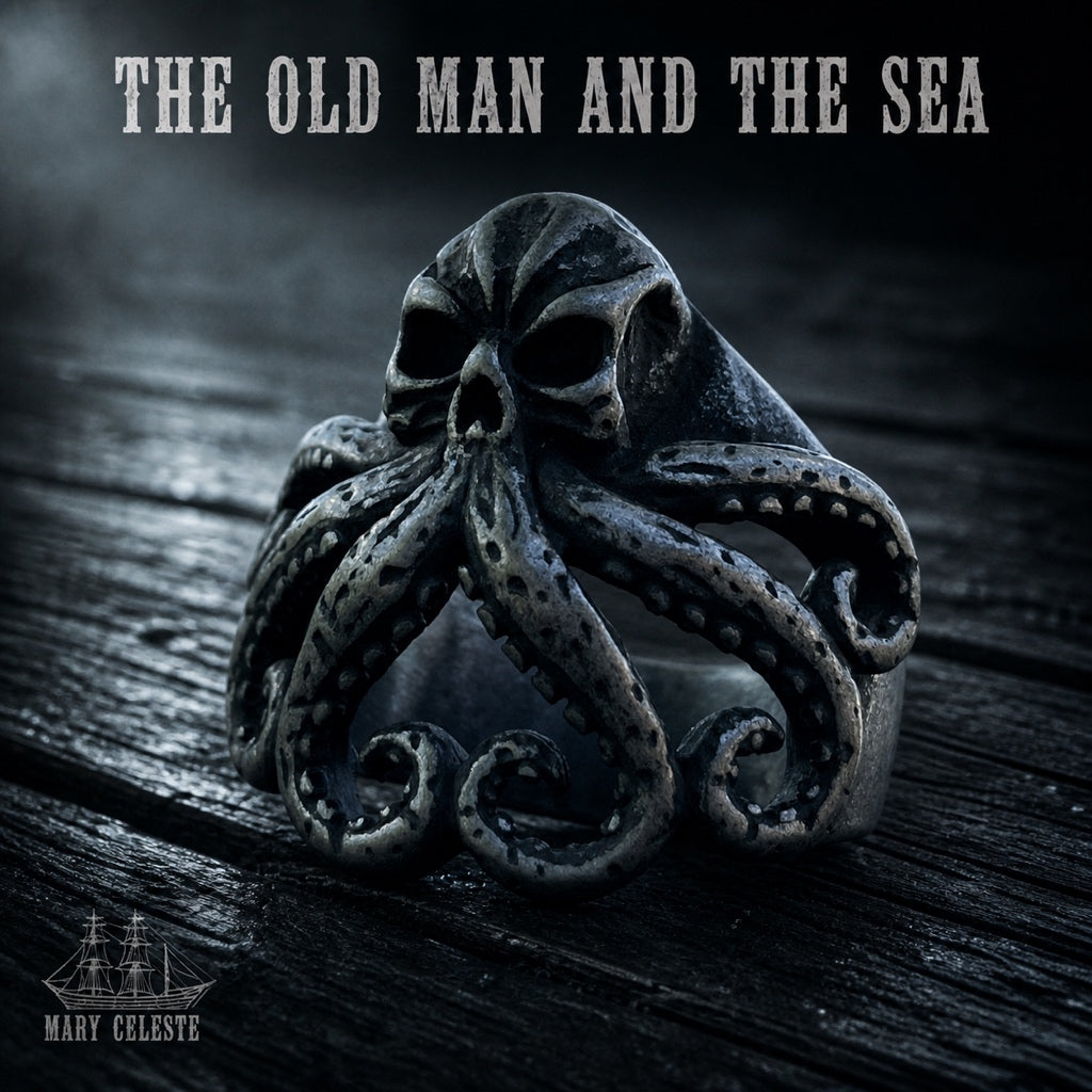 The Old Man and the Sea skull ring with tentacle detailing, 316L stainless steel mens nautical jewelry
