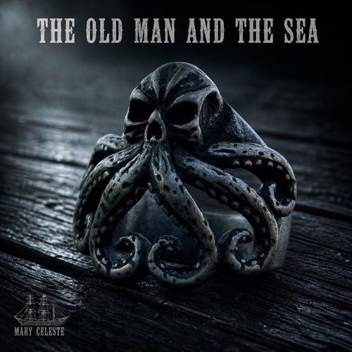 The Old Man and the Sea skull ring with tentacle detailing, 316L stainless steel mens nautical jewelry