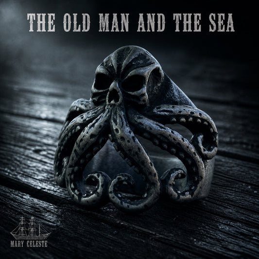 The Old Man and the Sea skull ring with tentacle detailing, 316L stainless steel mens nautical jewelry
