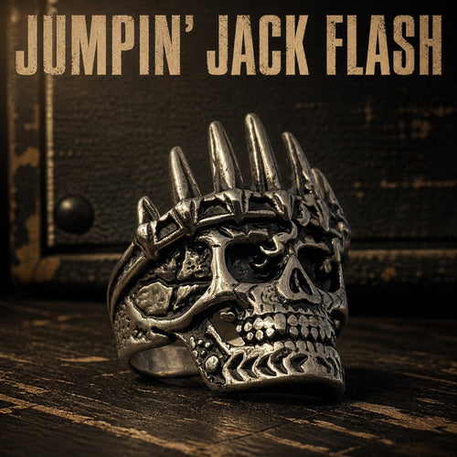 Jumpin Jack Flash skull ring, heavy 316L stainless steel mens classic rock ring