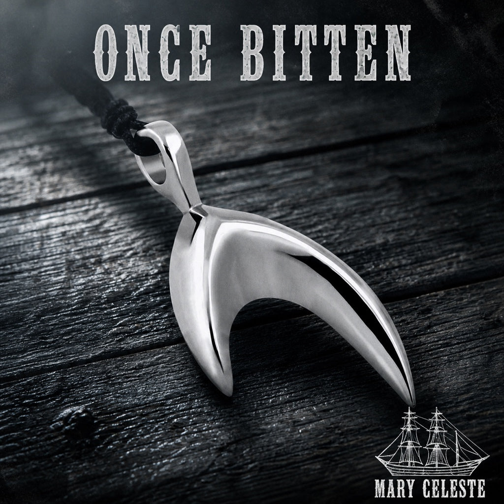Once Bitten shark's tooth ring, slim band in 316L stainless steel, mens nautical jewelry