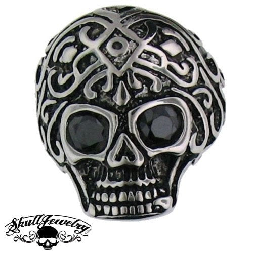 Stainless Steel Skull Ring With BLACK Stones In Both Eyes - Very Detailed and Ornate