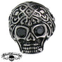 Stainless Steel Skull Ring With Black Stones In Both Eyes - Very Detailed and Ornate (#184)