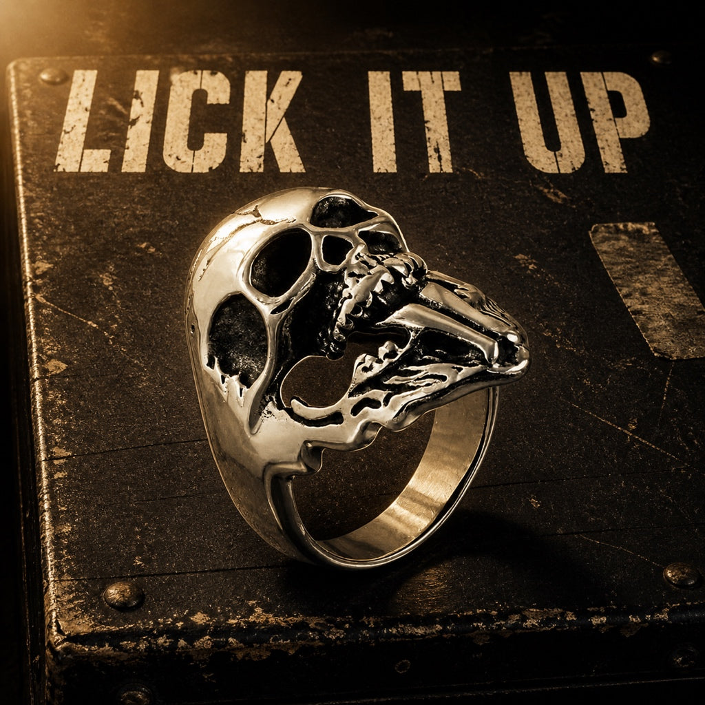 Lick It Up long tongue skull ring, 316L stainless steel mens rock band inspired ring