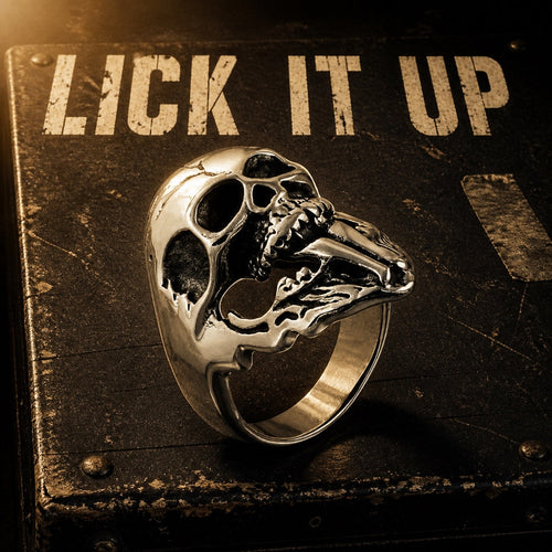 Lick It Up long tongue skull ring, 316L stainless steel mens rock band inspired ring