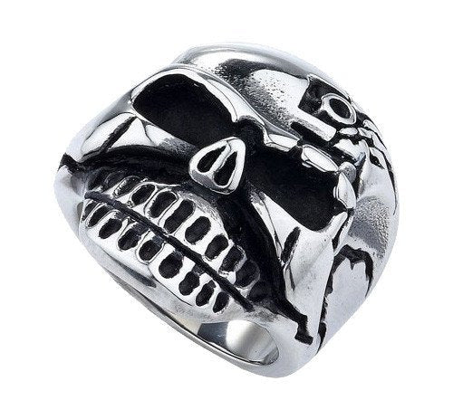 Cracks on the sides and forehead skull ring (sku#195), 316L stainless steel mens skull ring for bikers