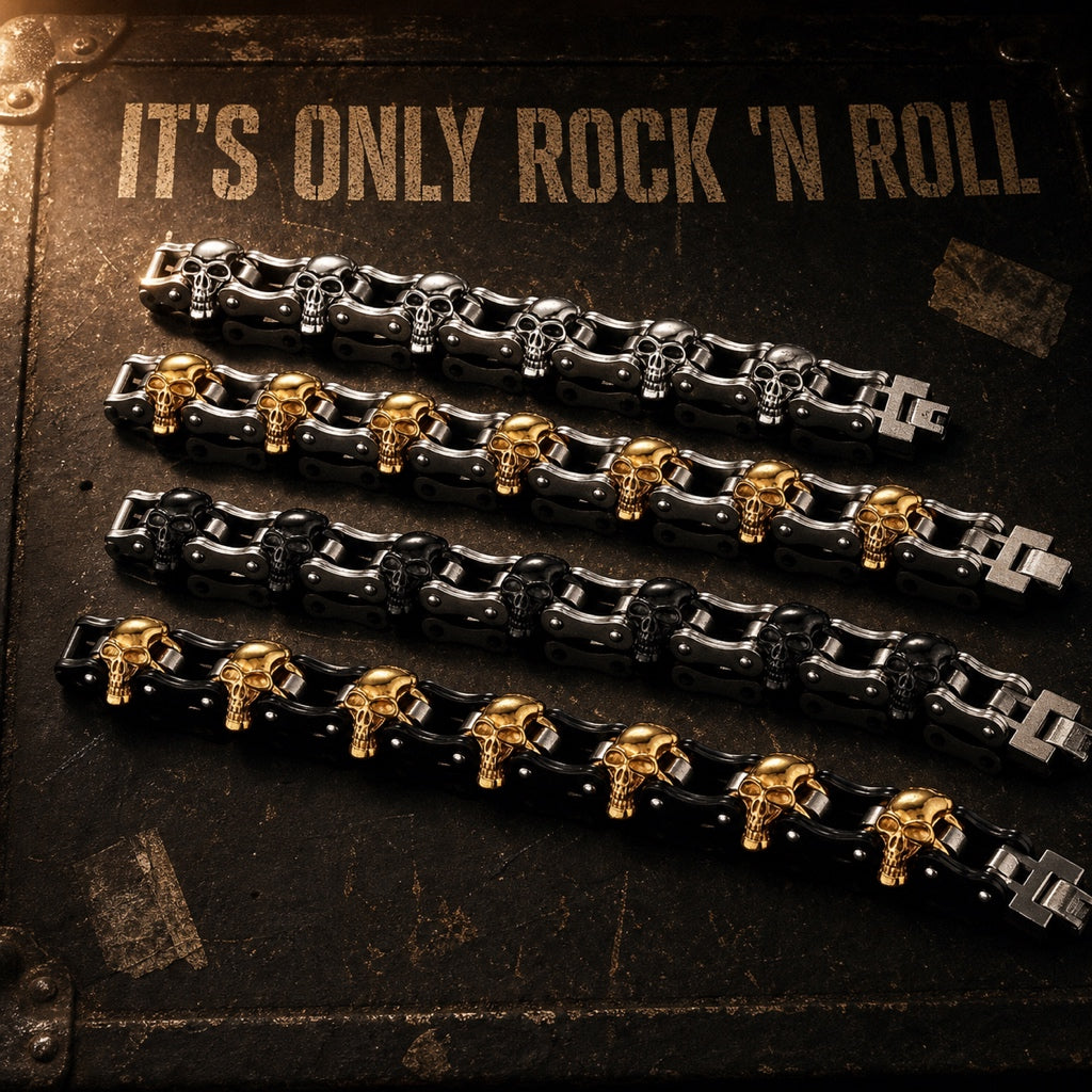 It's Only Rock n Roll thick skulls bracelet, heavy 316L stainless steel mens chain bracelet in 4 colors