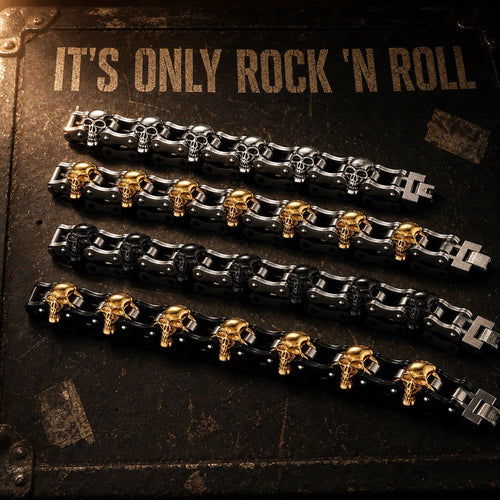 It's Only Rock n Roll thick skulls bracelet, heavy 316L stainless steel mens chain bracelet in 4 colors