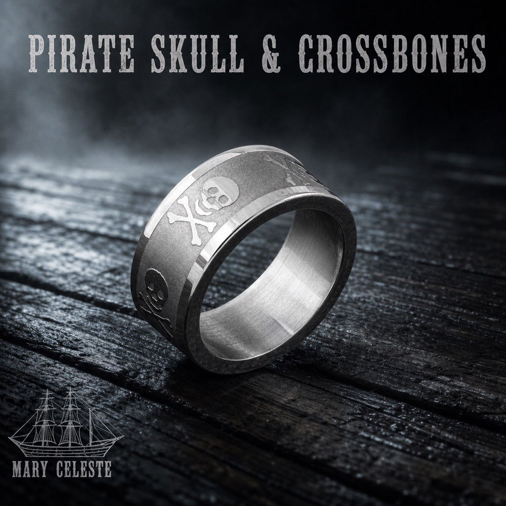 Matte finish pirate skull and crossbones ring in 316L stainless steel, mens gothic nautical jewelry