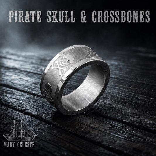 Matte finish pirate skull and crossbones ring in 316L stainless steel, mens gothic nautical jewelry