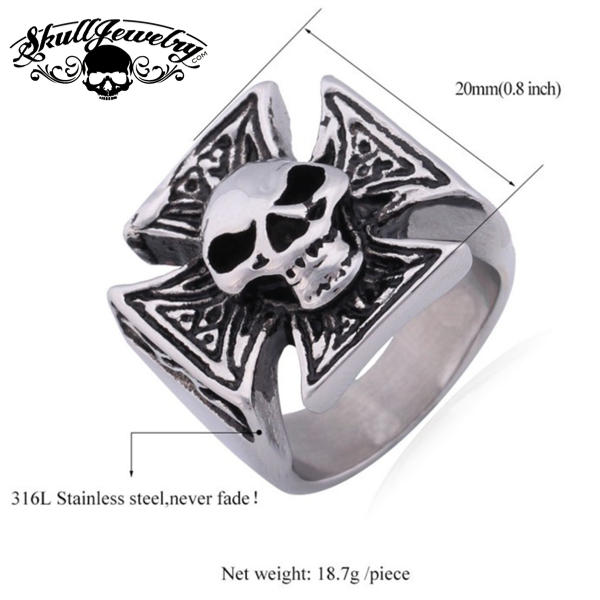 Stainless Steel Cynical Skull Celtic Cross Ring