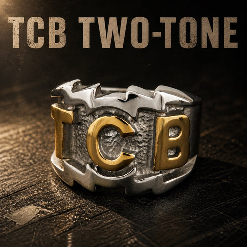 Elvis inspired TCB two tone ring, gold and silver stainless steel Taking Care of Business ring for men