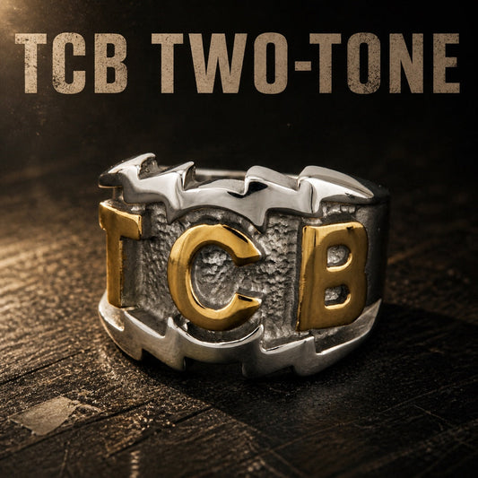 Elvis inspired TCB two tone ring, gold and silver stainless steel Taking Care of Business ring for men