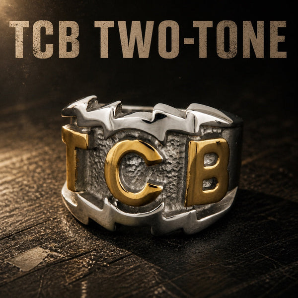 Elvis inspired TCB two tone ring, gold and silver stainless steel Taking Care of Business ring for men