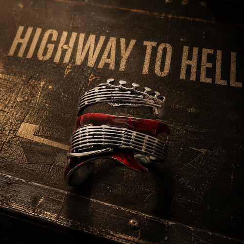 Highway to Hell red enamel guitar ring, red electric guitar 316L stainless steel ring for guitarists
