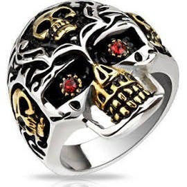 Stainless Steel Gold & Silver Skull Ring with Red Cubic Zirconia Eyes