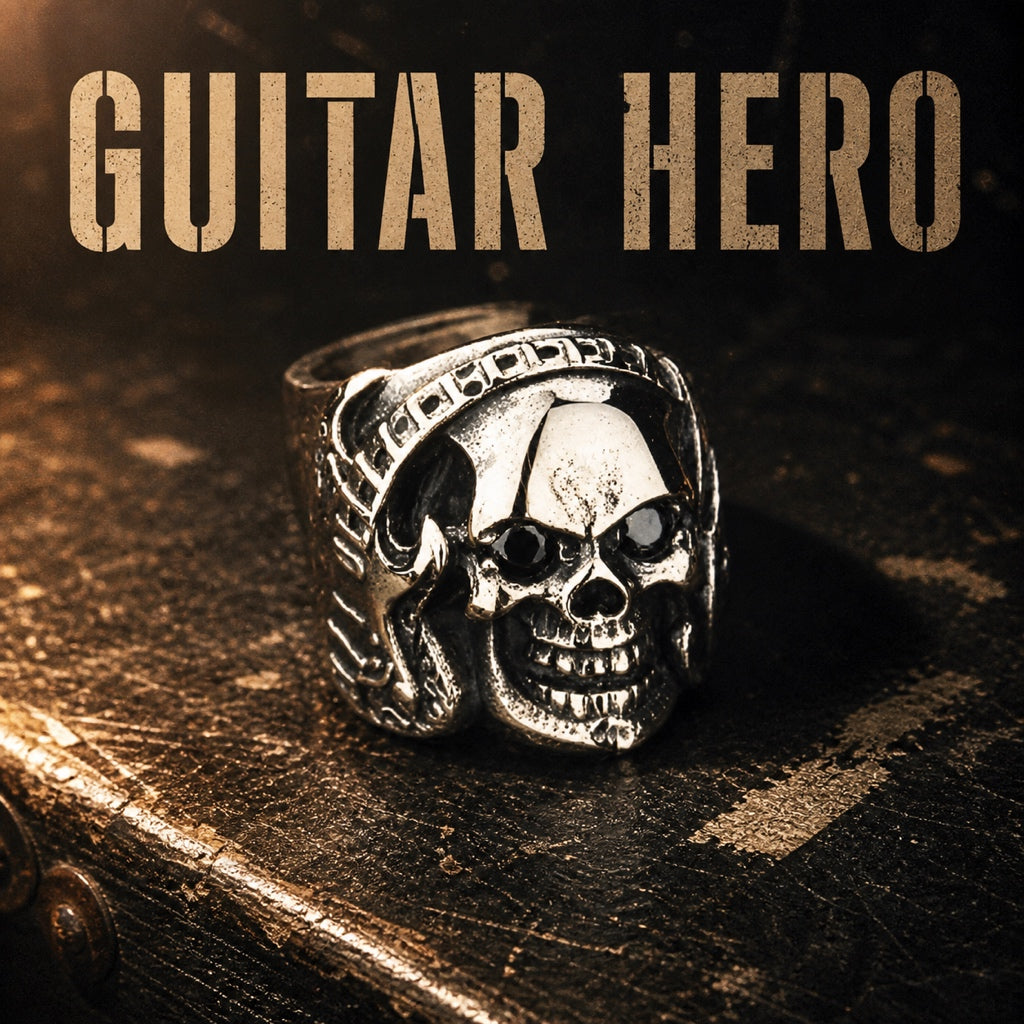 Guitar Hero rock and roll skull ring with black zircon eyes, 316L stainless steel mens guitarist ring
